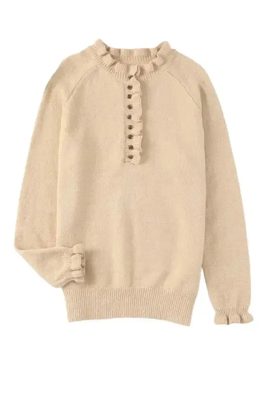Beige Frill Trim Buttoned Knit Sweater - Fashionfitz