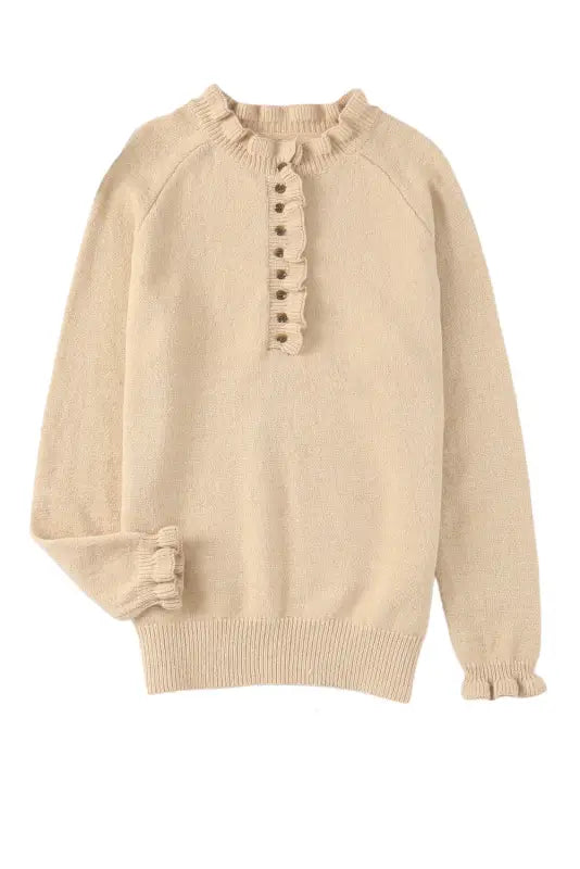 Beige frill trim buttoned knit pullover sweater - sweaters & cardigans