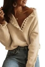Beige Frill Trim Buttoned Knit Sweater - Fashionfitz