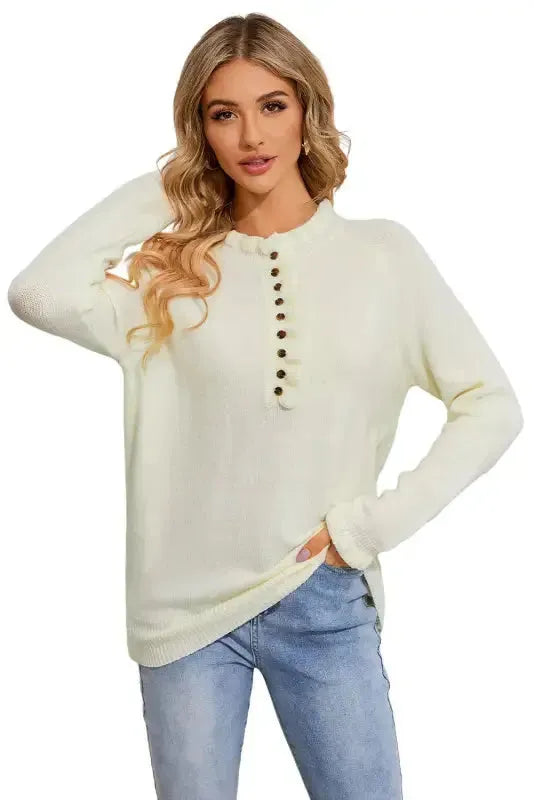 Beige Frill Trim Buttoned Knit Sweater - Fashionfitz