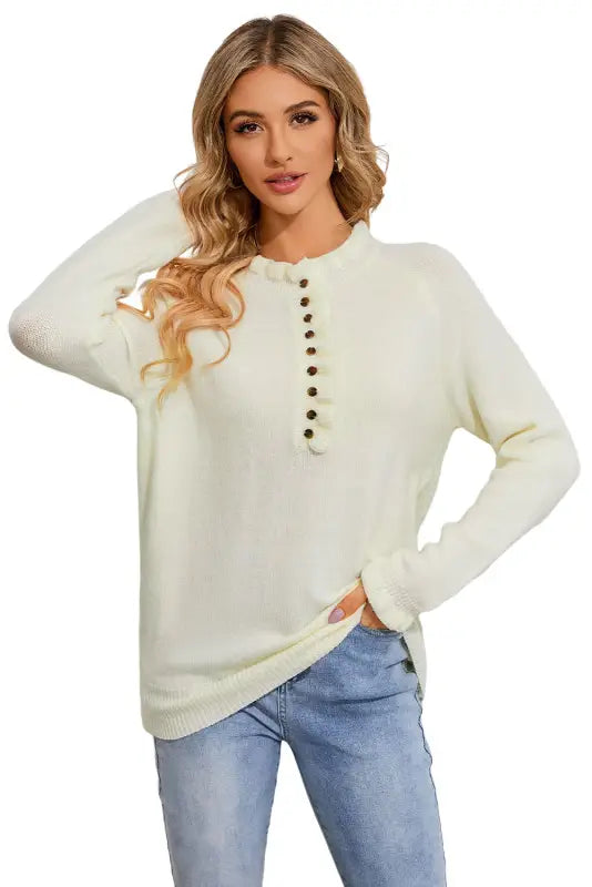 Beige frill trim buttoned knit pullover sweater - sweaters & cardigans