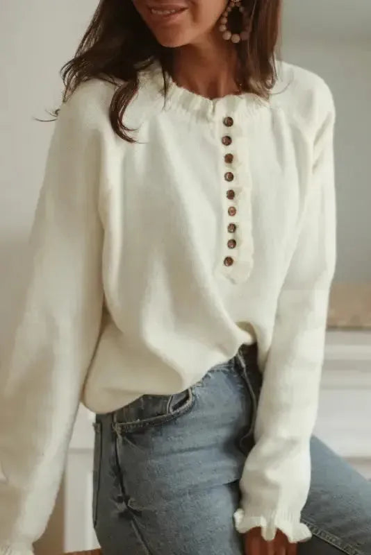 Beige Frill Trim Buttoned Knit Sweater - Fashionfitz