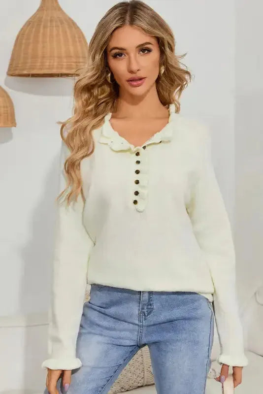 Beige Frill Trim Buttoned Knit Sweater - Fashionfitz