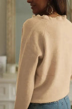 Beige Frill Trim Buttoned Knit Sweater - Fashionfitz