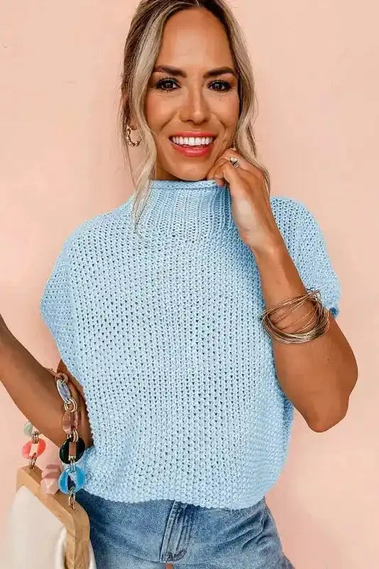 Beige High Neck Bat Short Sleeve Sweater - Fashionfitz