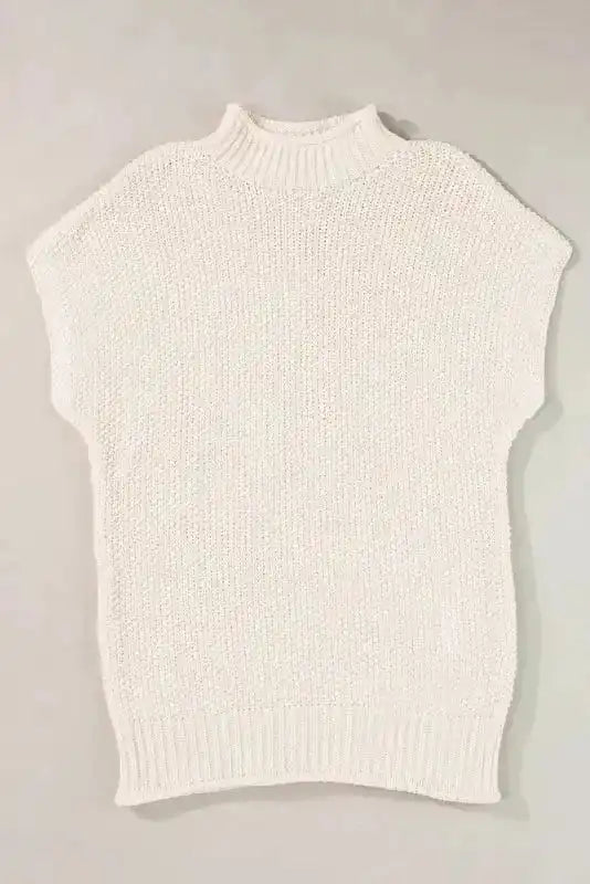 Beige High Neck Bat Short Sleeve Sweater - Fashionfitz