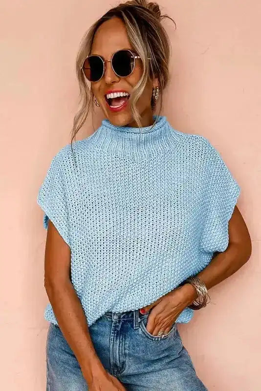 Beige High Neck Bat Short Sleeve Sweater - Fashionfitz