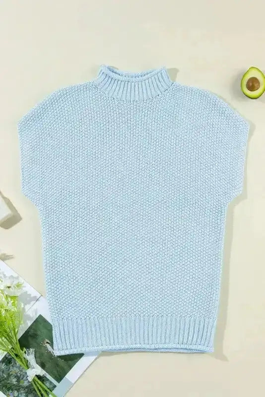 Beige High Neck Bat Short Sleeve Sweater - Fashionfitz