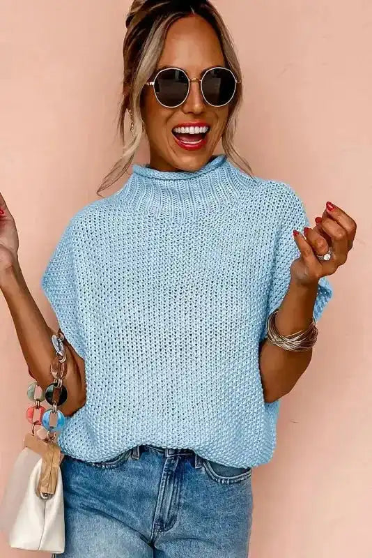 Beige High Neck Bat Short Sleeve Sweater - Fashionfitz