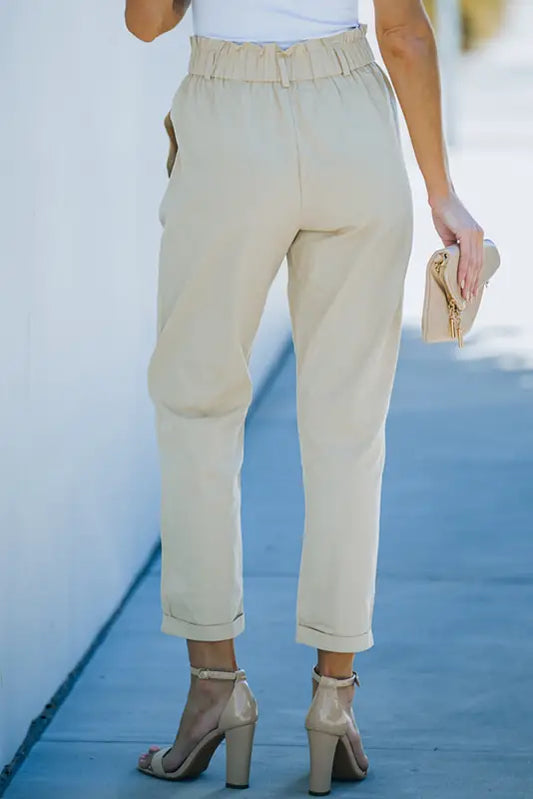 Beige high rise paper bag waist pocketed casual pants - straight