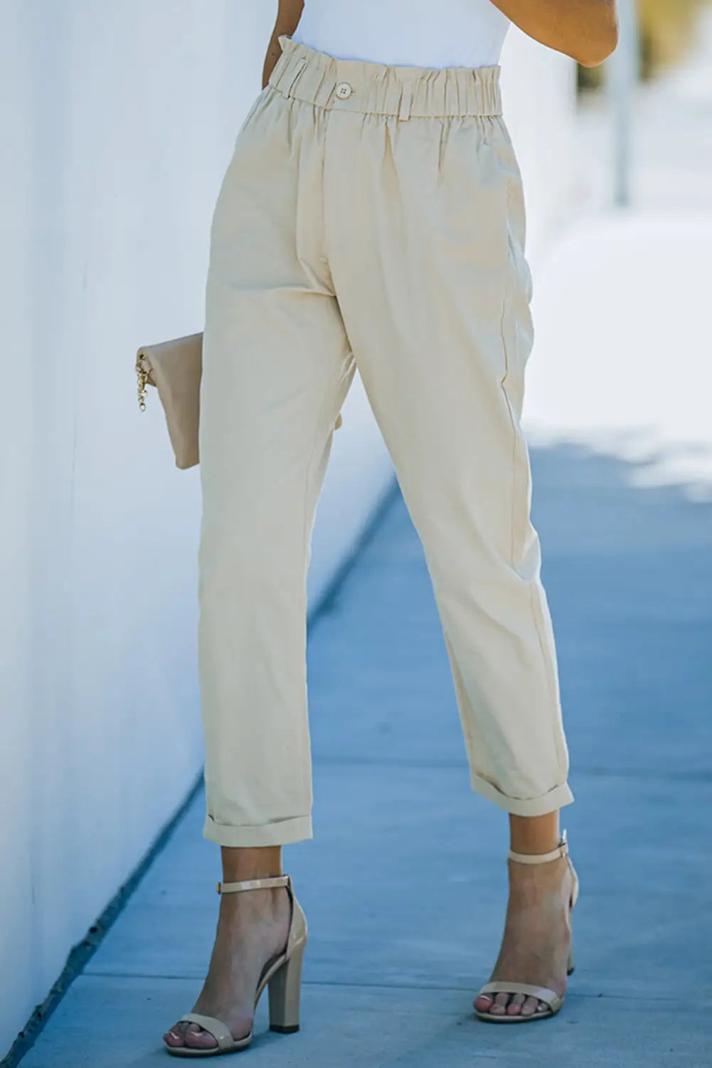 Beige high rise paper bag waist pocketed casual pants