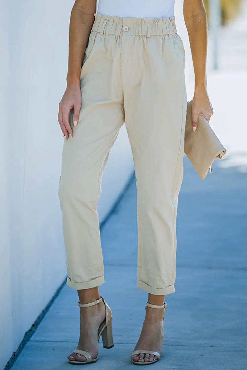 Beige high rise paper bag waist pocketed casual pants