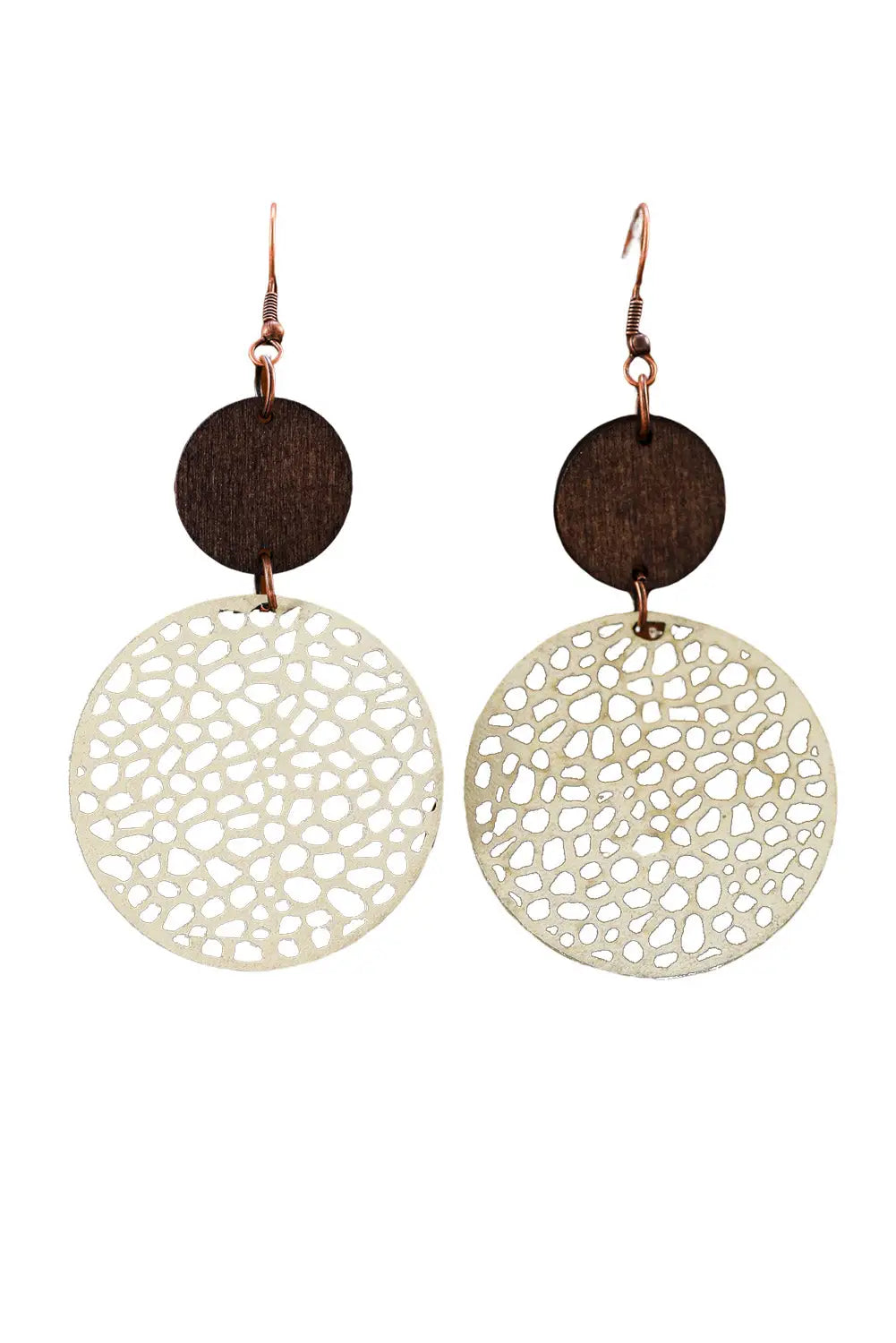 Beige hollow out wooden round drop earrings - one size wood