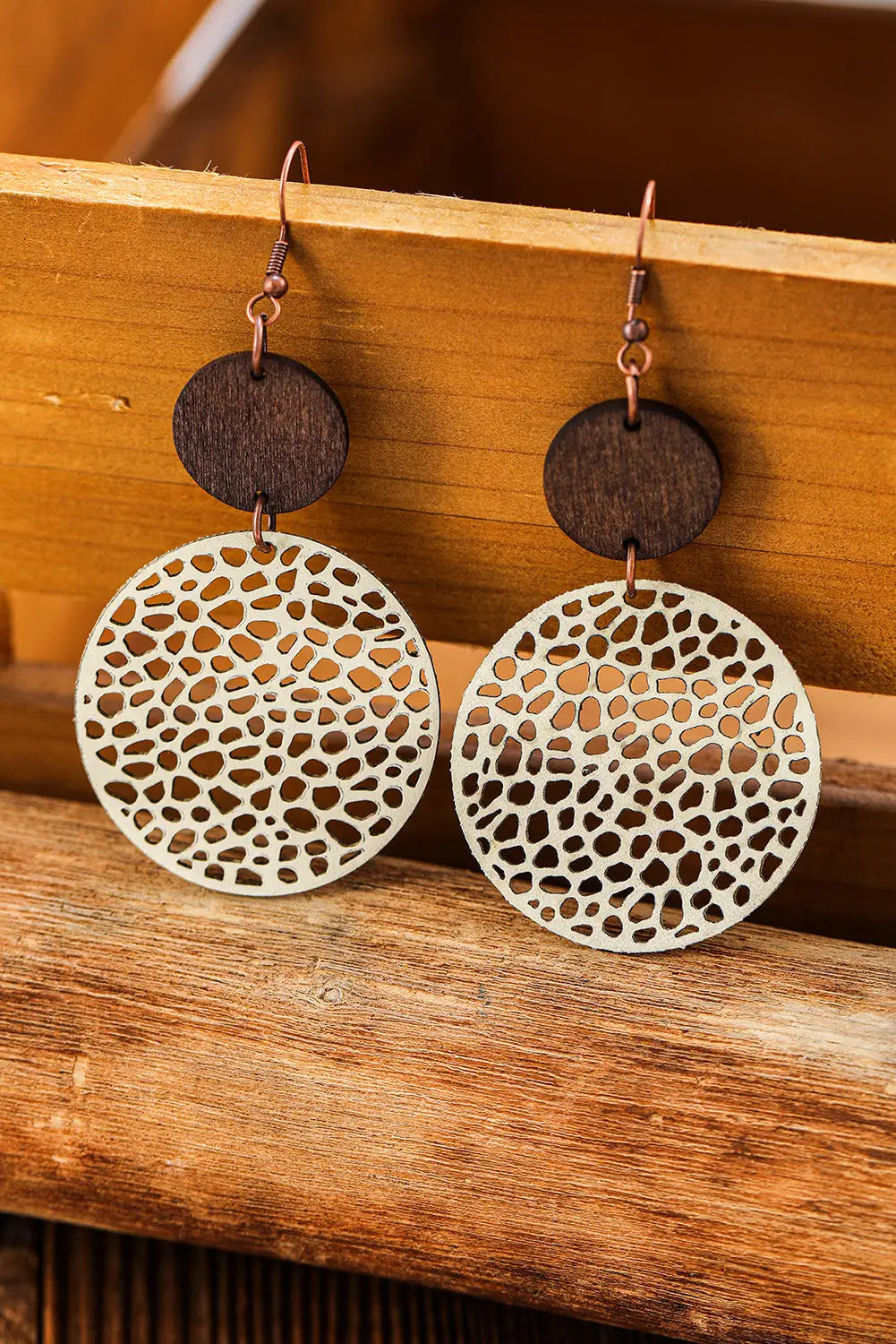 Beige hollow out wooden round drop earrings - one size / wood