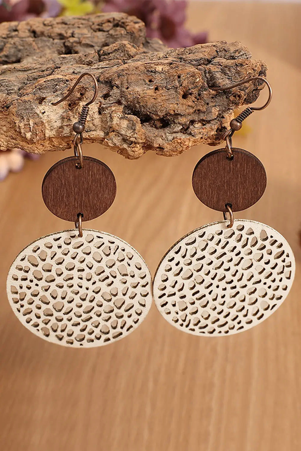 Beige hollow out wooden round drop earrings - one size wood