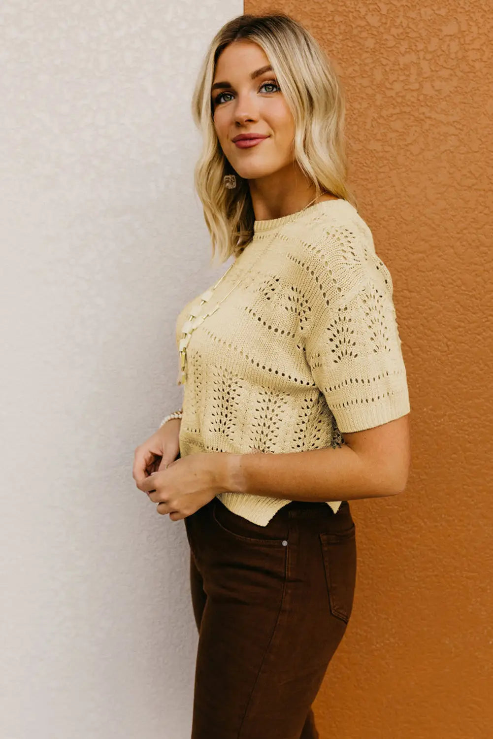 Beige knitted hollow out short sleeve crop sweater - t - shirts