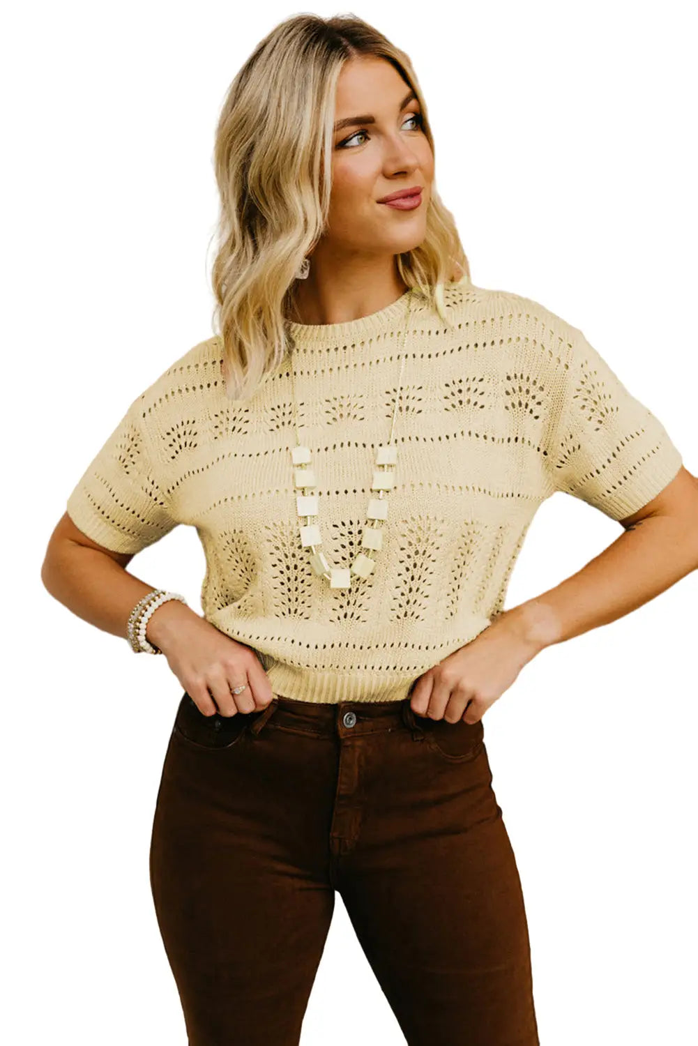 Beige knitted hollow out short sleeve crop sweater - t - shirts
