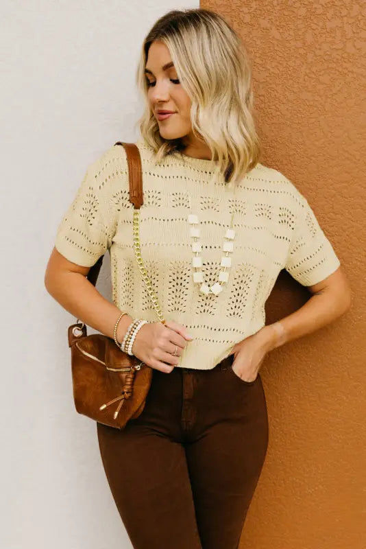 Beige knitted hollow out short sleeve crop sweater - t-shirts