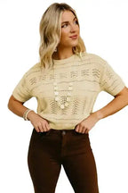 Beige Knitted Hollow out Short Sleeve Crop Sweater - Fashionfitz