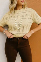 Women’s beige crochet short sleeve crop sweater – summer knitwear - Fashionfitz