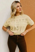 Beige Knitted Hollow out Short Sleeve Crop Sweater - Fashionfitz