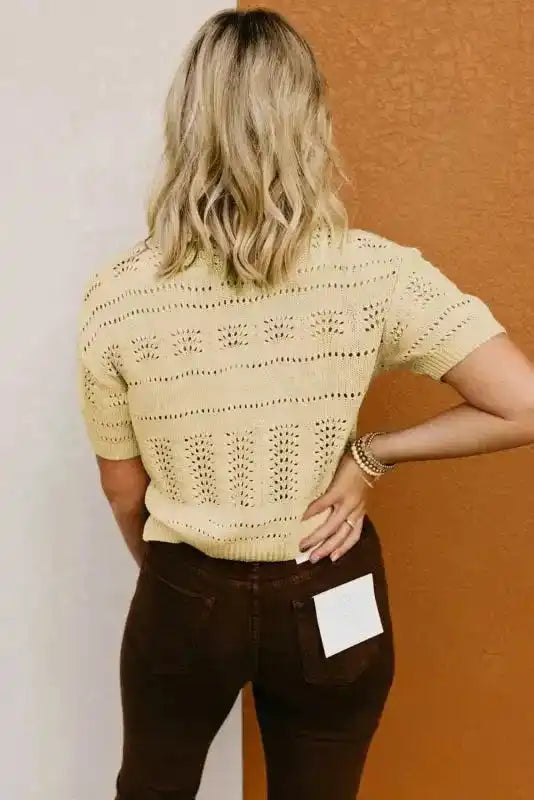 Beige Knitted Hollow out Short Sleeve Crop Sweater - Fashionfitz