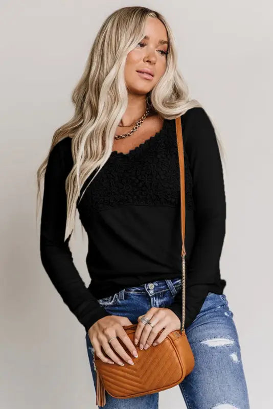 Beige lace crochet v neck long sleeve top - tops