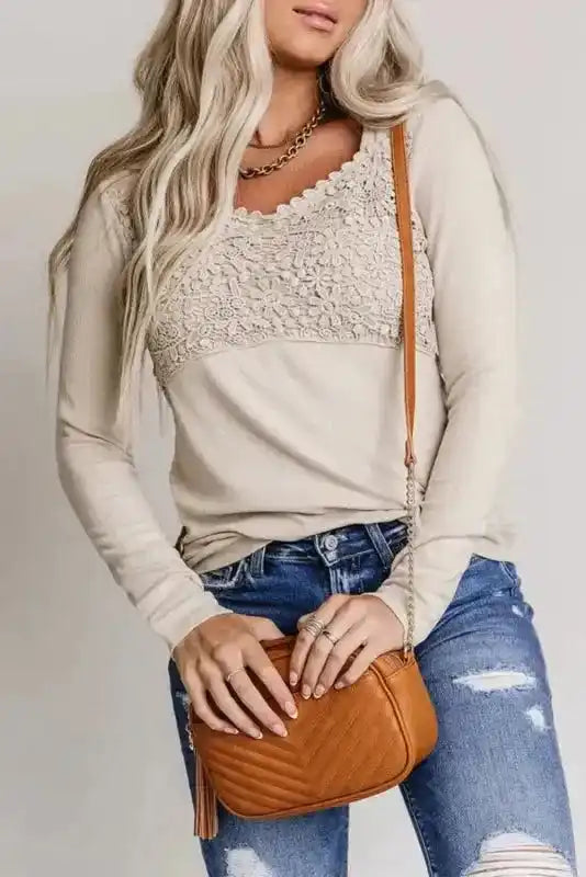 Beige Lace Crochet V Neck Long Sleeve Top - Fashionfitz