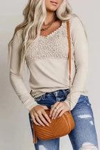 Beige Lace Crochet V Neck Long Sleeve Top - Fashionfitz
