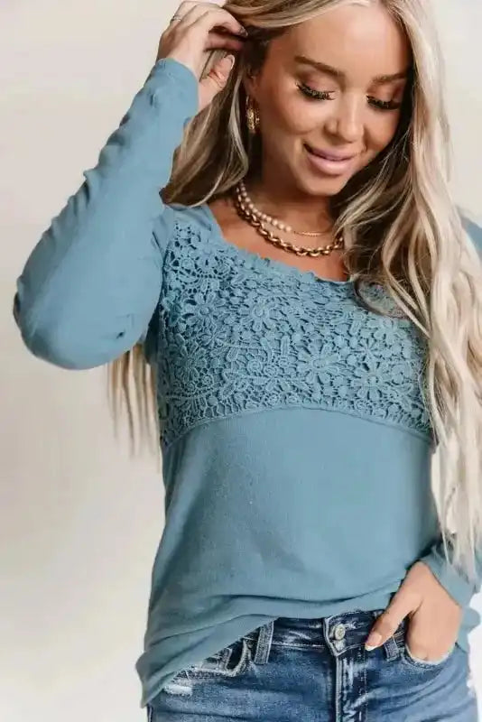 Beige Lace Crochet V Neck Long Sleeve Top - Fashionfitz