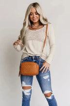 Beige Lace Crochet V Neck Long Sleeve Top - Fashionfitz