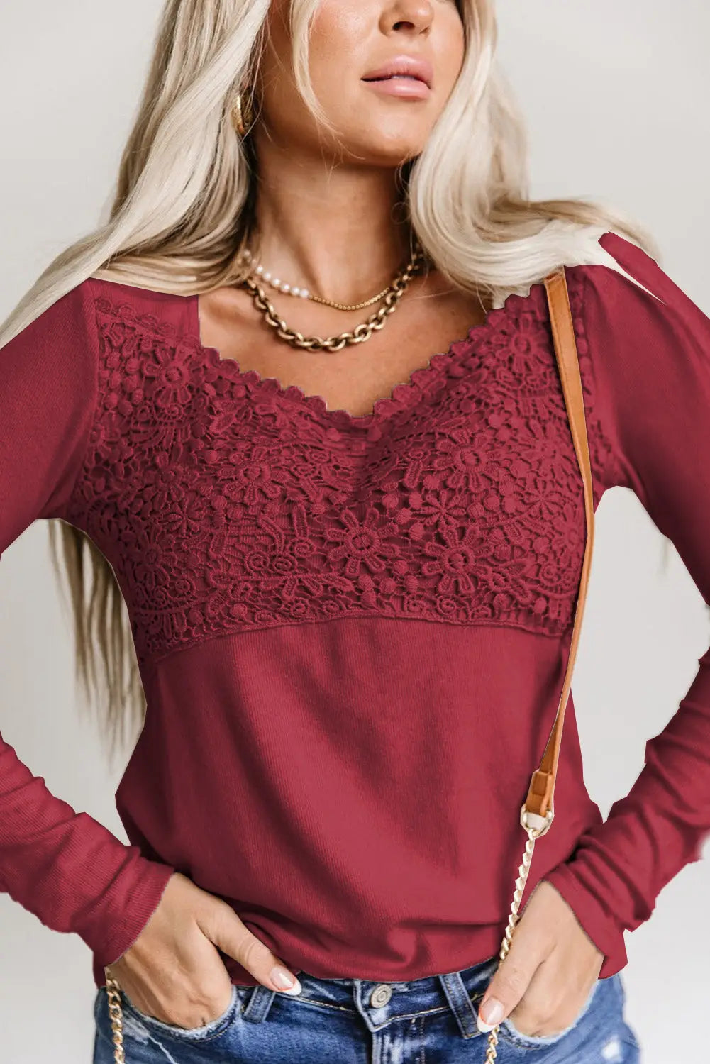 Beige lace crochet v neck long sleeve top - tops