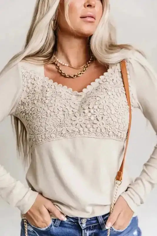 Beige Lace Crochet V Neck Long Sleeve Top - Fashionfitz