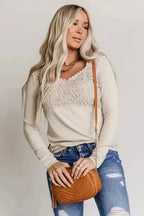 Beige Lace Crochet V Neck Long Sleeve Top - Fashionfitz