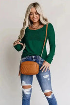 Beige Lace Crochet V Neck Long Sleeve Top - Fashionfitz