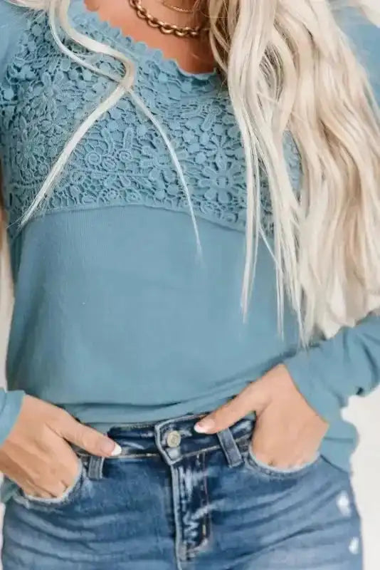 Beige Lace Crochet V Neck Long Sleeve Top - Fashionfitz