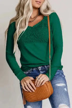 Beige Lace Crochet V Neck Long Sleeve Top - Fashionfitz