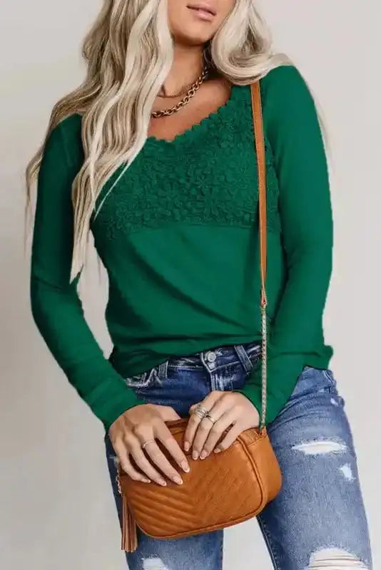 Beige Lace Crochet V Neck Long Sleeve Top - Fashionfitz