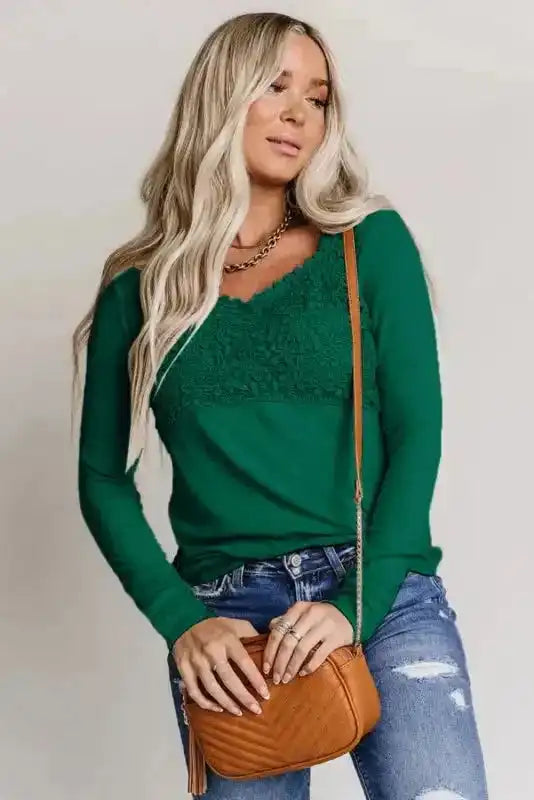 Beige Lace Crochet V Neck Long Sleeve Top - Fashionfitz
