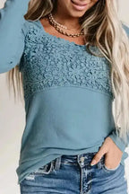 Beige Lace Crochet V Neck Long Sleeve Top - Fashionfitz