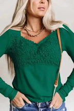 Beige Lace Crochet V Neck Long Sleeve Top - Fashionfitz