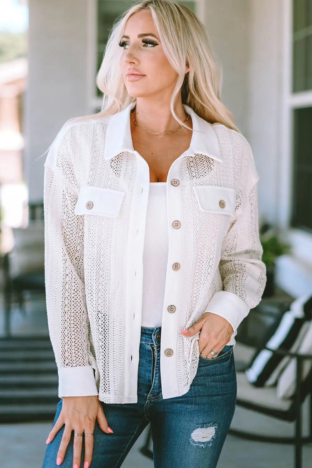 Beige lace see - through button collared shacket - shackets