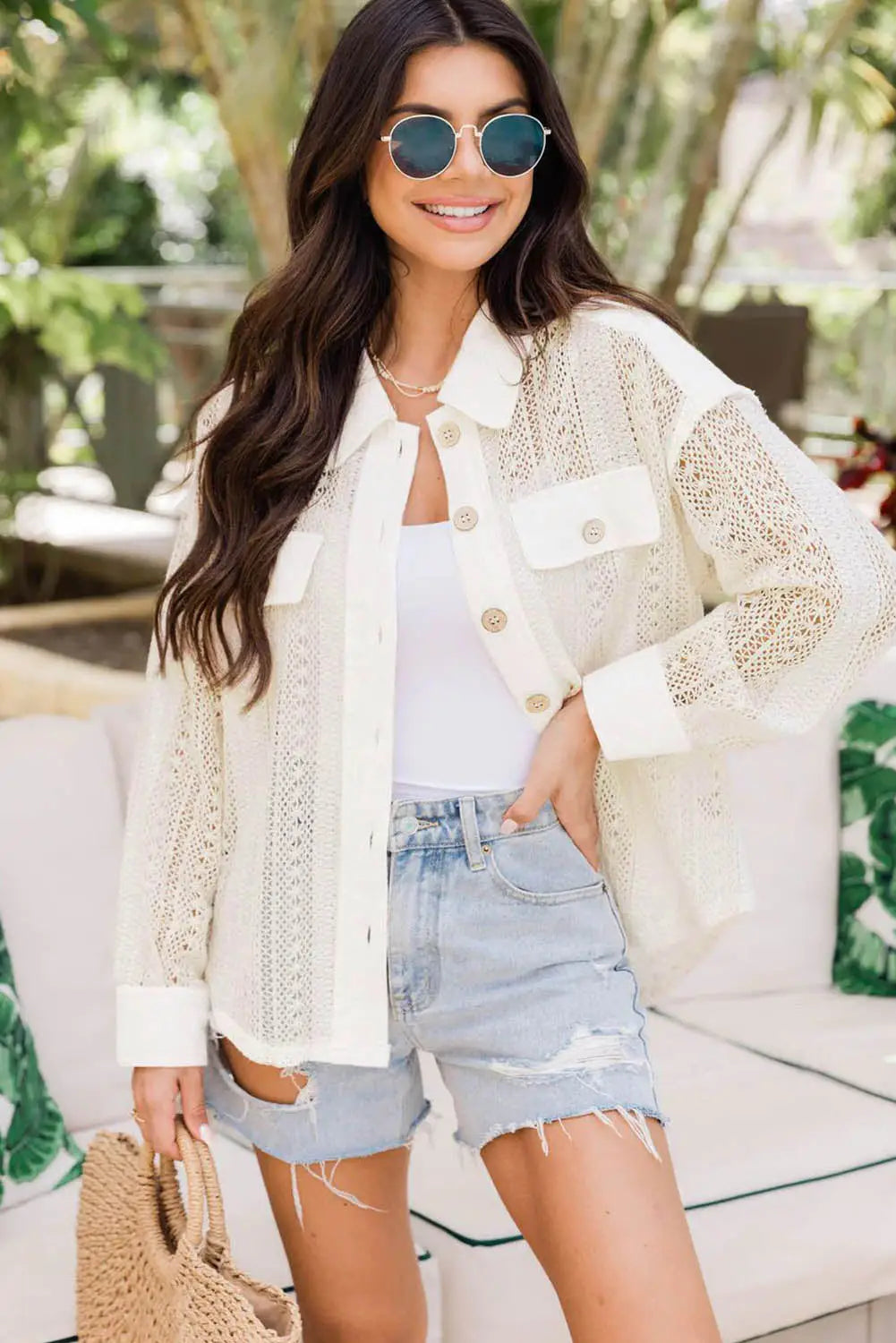 Beige lace see - through button collared shacket - shackets