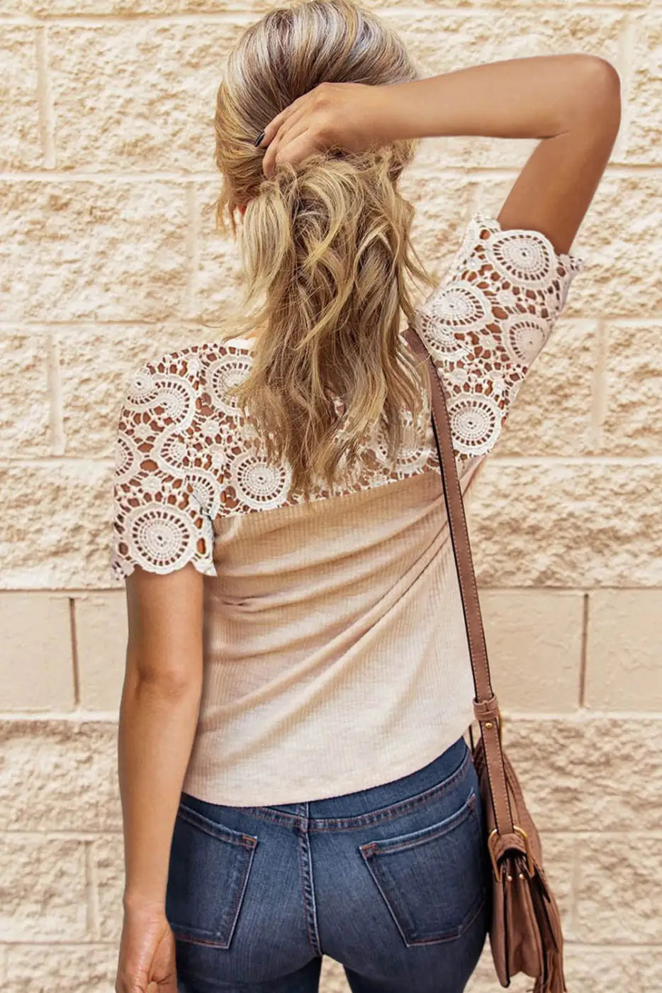 Beige lace sleeves ribbed slim-fit top - tees