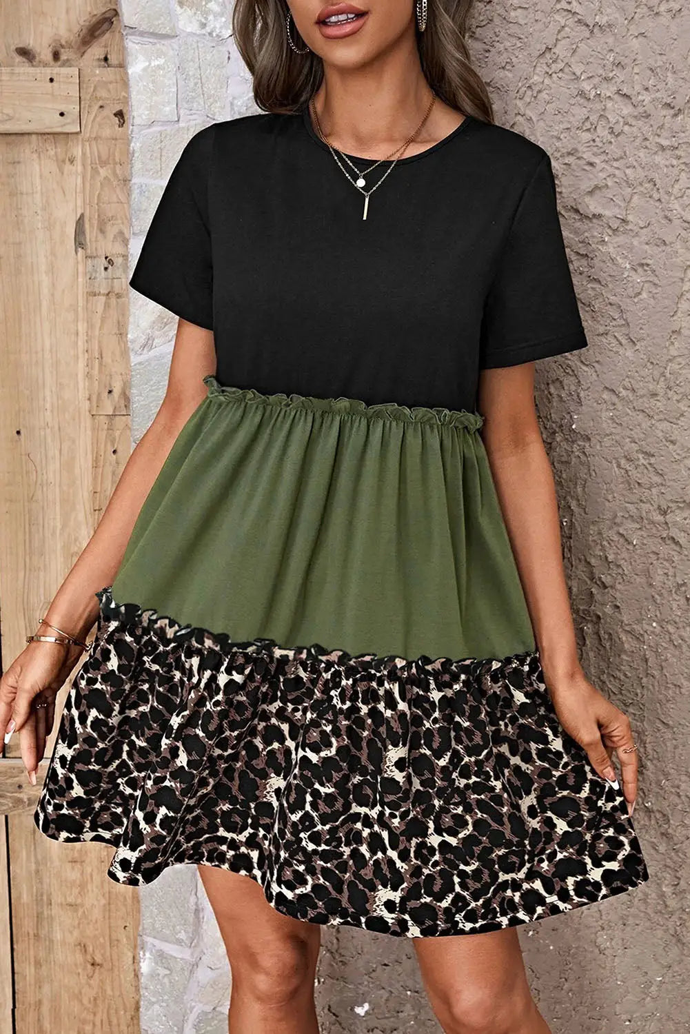 Beige leopard frill trim t-shirt dress - t shirt dresses