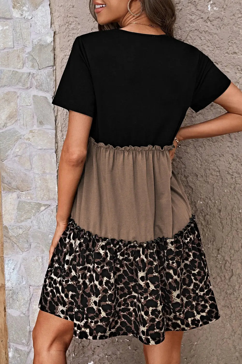 Beige leopard frill trim t-shirt dress - dresses/t shirt dresses