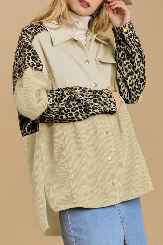 Beige leopard patchwork high low shirt jacket - s / 100% polyester - shackets