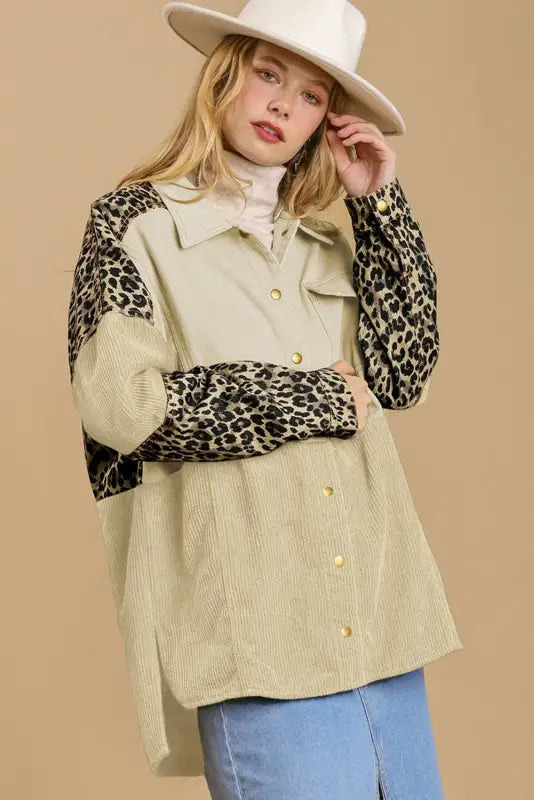 Beige leopard patchwork high low shirt jacket - shackets