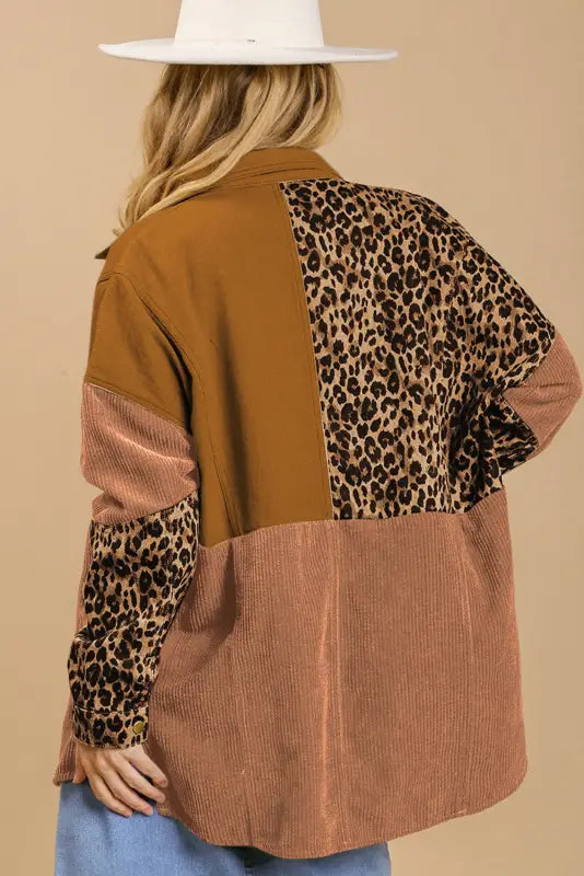 Beige leopard patchwork high low shirt jacket - shackets