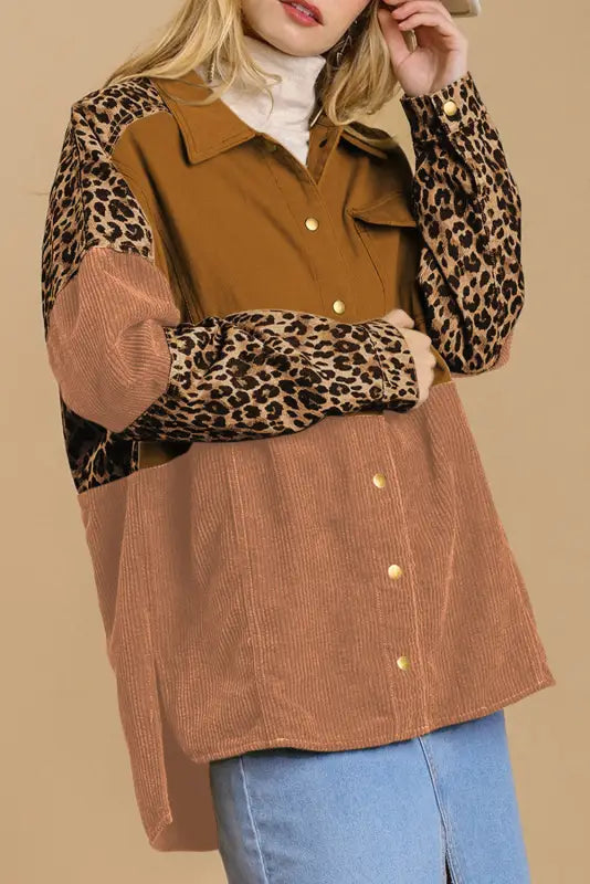 Beige leopard patchwork high low shirt jacket - orange / s / 100% polyester - shackets